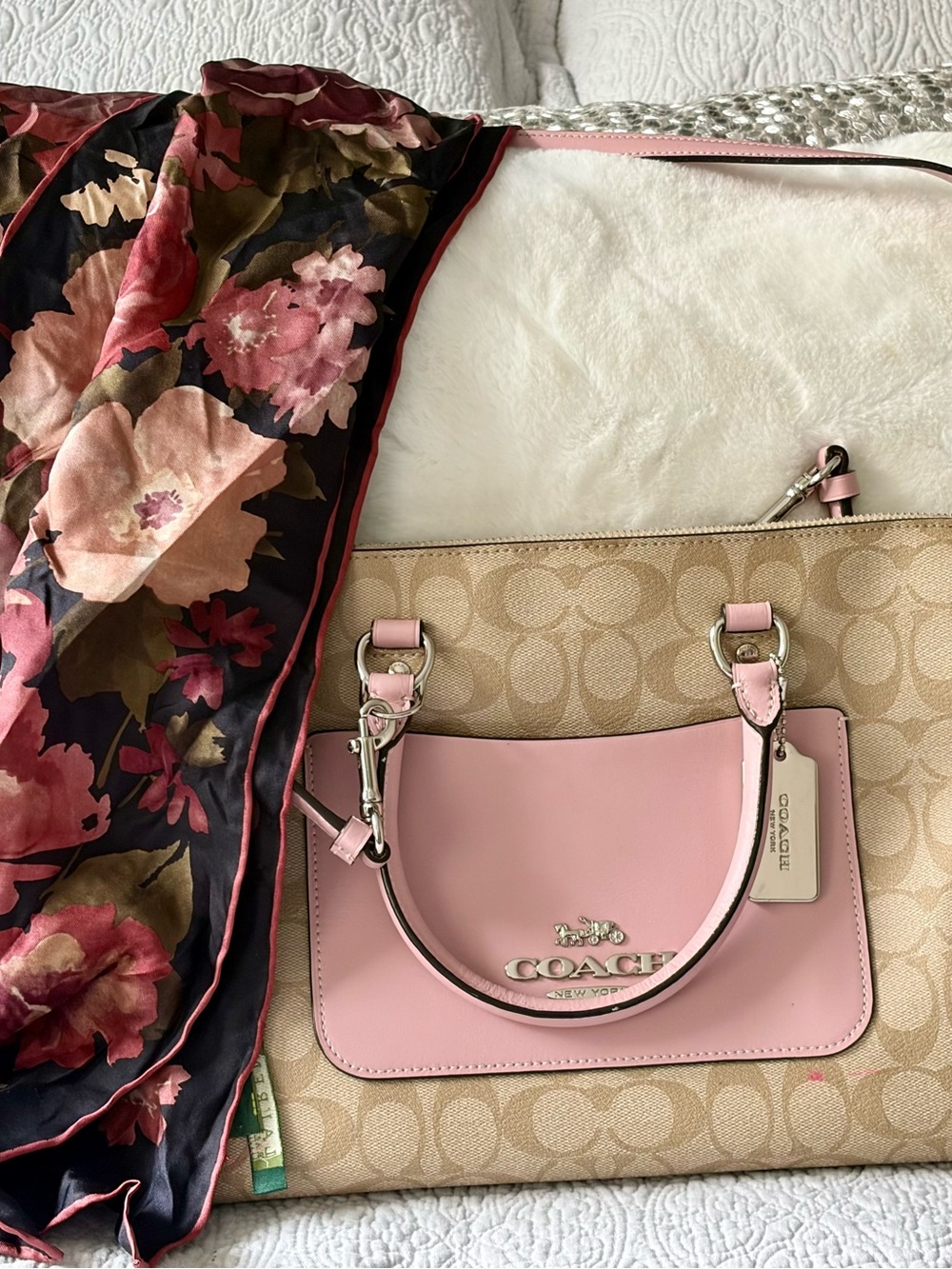 Coach Beige Signature Canvas and Carnation Emma Satchel